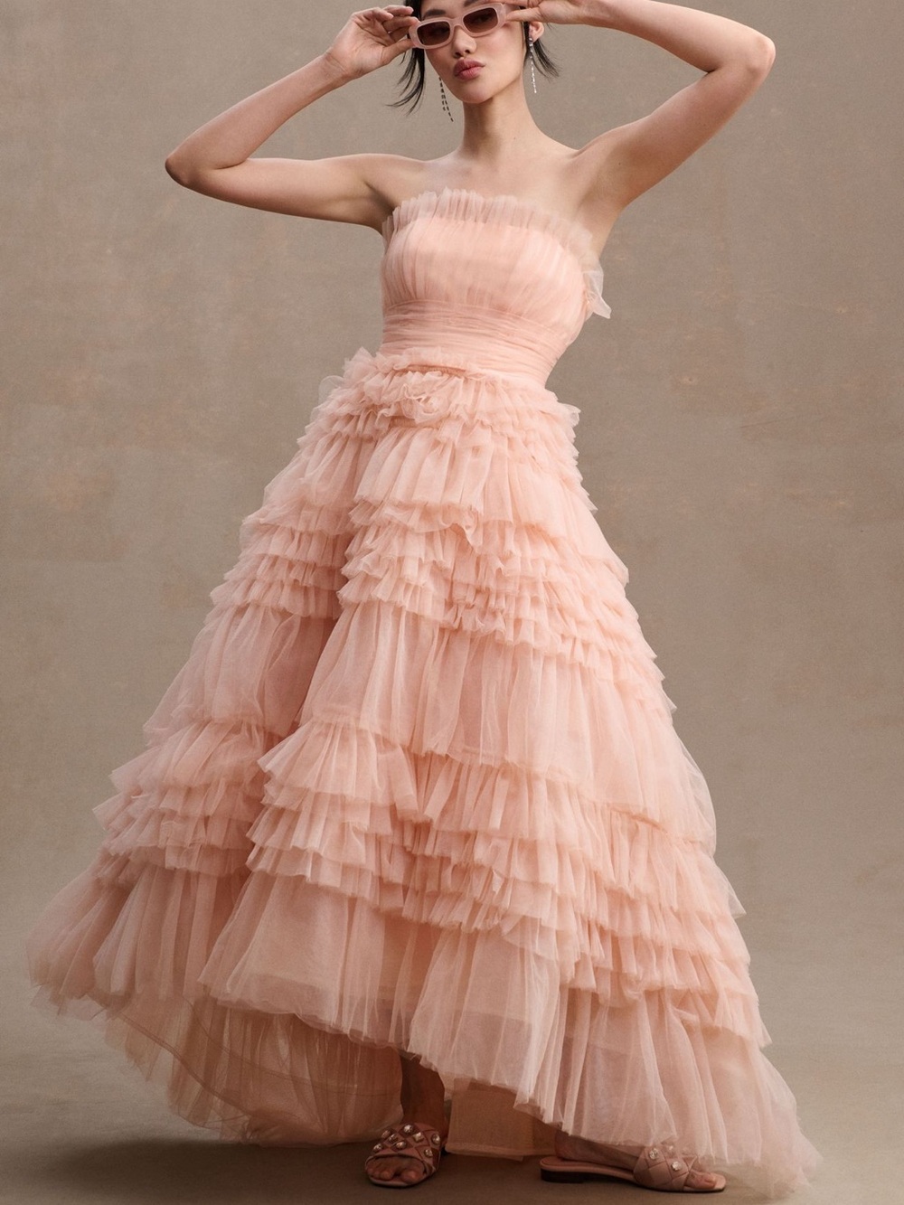 Mac Duggal Strapless Layered Tulle Gown in Blush NWT